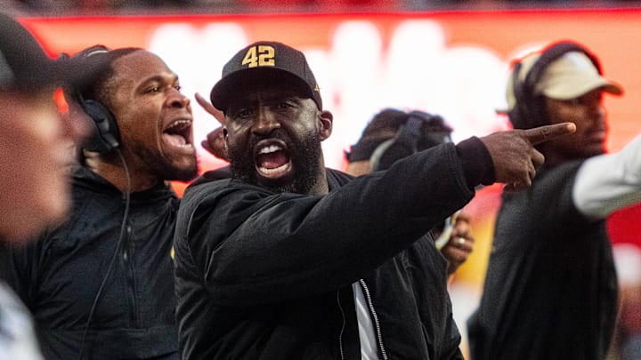 Nov 2, 2024; Lincoln, Nebraska, USA; UCLA Bruins head coach DeShaun Foster yells towards an official against the Nebraska Cornhuskers during the fourth quarter at Memorial Stadium. Mandatory Credit: Dylan Widger-Imagn Images