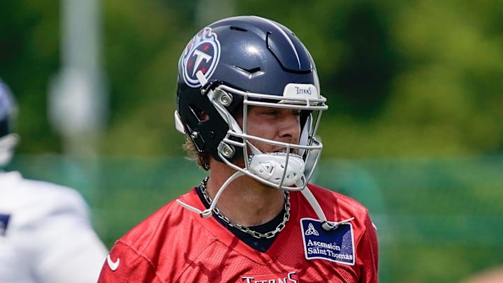 Tennessee Titans quarterback Will Levis prepares for a drill during minicamp practice.