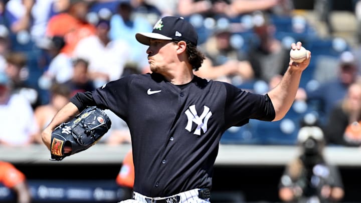Mar 19, 2026; Tampa, Florida, USA; New York Yankees starting pitcher Max Fried (54) throws a pitch in the first inning against the Baltimore Orioles during spring training at George M. Steinbrenner Field. Mandatory Credit: Jonathan Dyer-Imagn Images