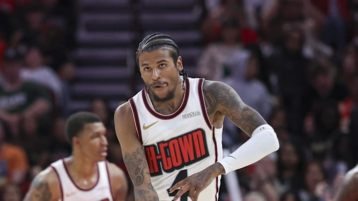 Feb 25, 2025; Houston, Texas, USA; Houston Rockets guard Jalen Green (4) reacts after making a basket during the fourth quarter against the Milwaukee Bucks at Toyota Center. Mandatory Credit: Troy Taormina-Imagn Images