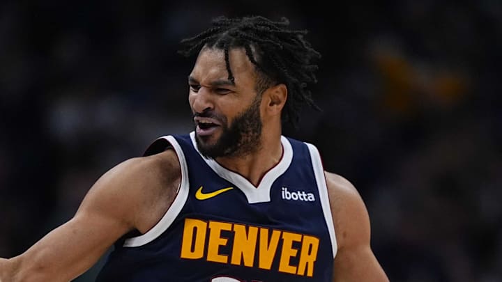 Jan 27, 2026; Denver, Colorado, USA; Denver Nuggets guard Jamal Murray (27) reacts in the fourth quarter against the Detroit Pistons  at Ball Arena. Mandatory Credit: Ron Chenoy-Imagn Images