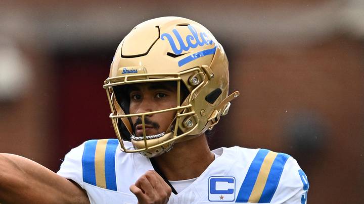Sep 26, 2026; College Park, Maryland, USA;  UCLA Bruins quarterback Nico Iamaleava (9) warms up before a game against the Maryland Terrapins at SECU Stadium. Mandatory Credit: Jamie Sabau-Imagn Images