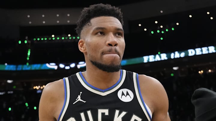Jan 23, 2026; Milwaukee, Wisconsin, USA;  Milwaukee Bucks forward Giannis Antetokounmpo (34) walks from the court following the game against the Denver Nuggets at Fiserv Forum. Mandatory Credit: Jeff Hanisch-Imagn Images
