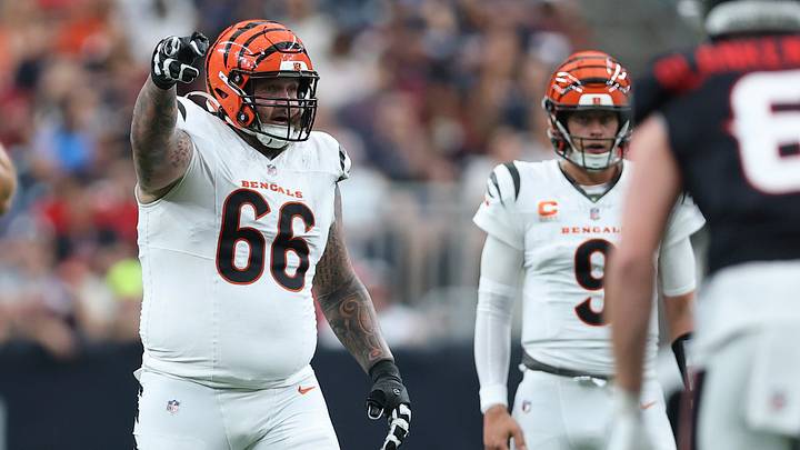Sep 20, 2026; Houston, Texas, USA; Cincinnati Bengals guard Dalton Risner (66) at the line of scrimmage during the game against the Houston Texans at Reliant Stadium. Mandatory Credit: Troy Taormina-Imagn Images Sep 20, 2026; Houston, Texas, USA; Cincinnati Bengals guard Dalton Risner (66) at the line of scrimmage during the game against the Houston Texans at Reliant Stadium. Mandatory Credit: Troy Taormina-Imagn Images