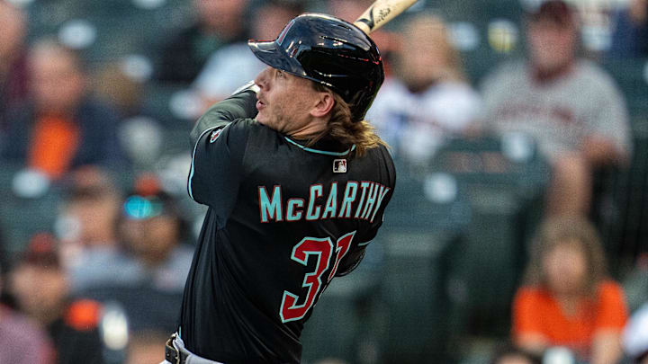 Sep 8, 2025; San Francisco, California, USA; Arizona Diamondbacks left fielder Jake McCarthy (31) hits a three run triple  against the San Francisco Giants during the second inningat Oracle Park. Mandatory Credit: Neville E. Guard-Imagn Images