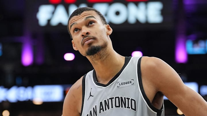 Mar 8, 2026; San Antonio, Texas, USA;  San Antonio Spurs forward Victor Wembanyama (1) looks up in the second half against the Houston Rockets at Frost Bank Center. Mandatory Credit: Daniel Dunn-Imagn Images
