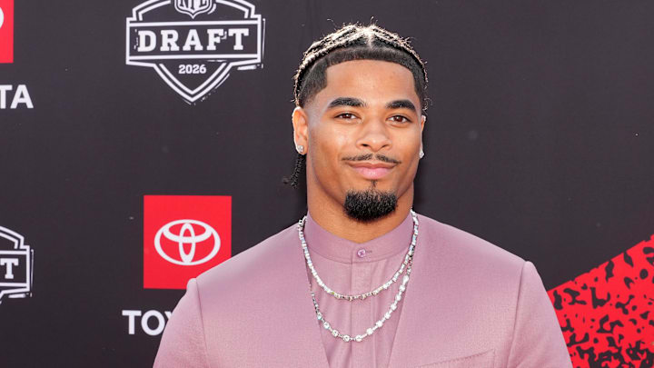 Apr 23, 2026; Pittsburgh, PA, USA; LSU Tigers defensive back Mansoor Delane poses on the red carpet before the 2026 NFL Draft at Point State Park. Mandatory Credit: Kirby Lee-Imagn Images