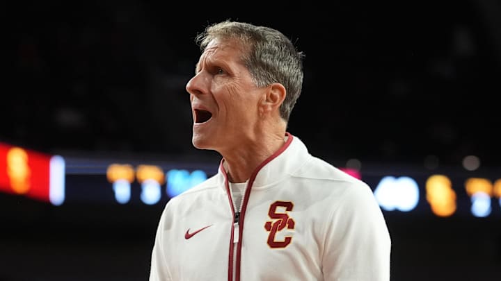 Mar 7, 2026; Los Angeles, California, USA; Southern California Trojans head coach Eric Musselman reacts in the second half against the UCLA Bruins at Galen Center. Mandatory Credit: Kirby Lee-Imagn Images