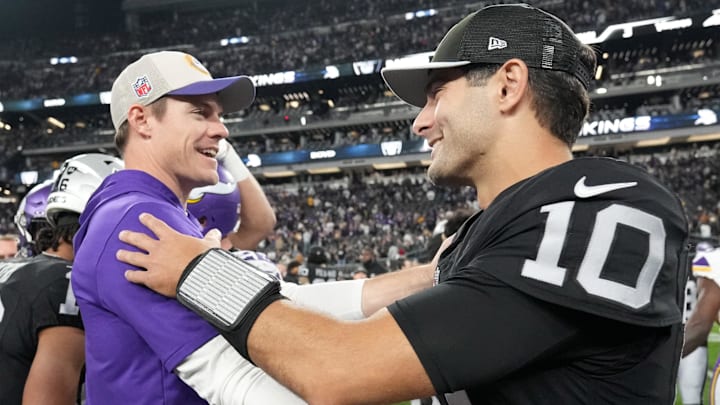 Dec 10, 2023; Paradise, Nevada, USA; Minnesota Vikings coach Kevin O'Connell (left) shakes hands with Las Vegas Raiders quarterback Jimmy Garoppolo (10) after the game at Allegiant Stadium. Dec 10, 2023; Paradise, Nevada, USA; Minnesota Vikings coach Kevin O'Connell (left) shakes hands with Las Vegas Raiders quarterback Jimmy Garoppolo (10) after the game at Allegiant Stadium.