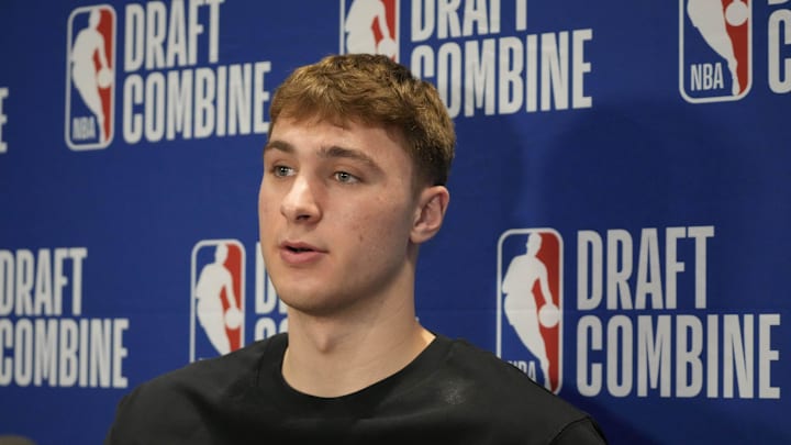 May 14, 2025; Chicago, Il, USA; Cooper Flagg talks to the media during the 2025 NBA Draft Combine at Marriott Marquis Chicago. Mandatory Credit: David Banks-Imagn Images May 14, 2025; Chicago, Il, USA; Cooper Flagg talks to the media during the 2025 NBA Draft Combine at Marriott Marquis Chicago. Mandatory Credit: David Banks-Imagn Images