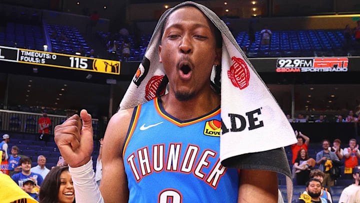 Apr 26, 2025; Memphis, Tennessee, USA; Oklahoma City Thunder forward Jalen Williams (8) reacts after defeating the Memphis Grizzlies in game four for the first round of the 2024 NBA Playoffs at FedExForum. Mandatory Credit: Petre Thomas-Imagn Images