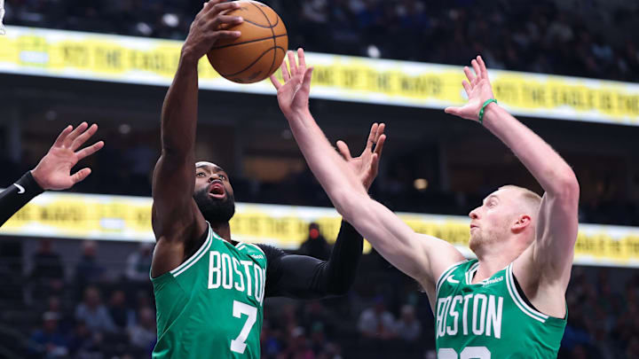 Feb 3, 2026; Dallas, Texas, USA; Boston Celtics guard Jaylen Brown (7) grabs the rebound in front of forward Sam Hauser (30) during the first quarter against the Dallas Mavericks at American Airlines Center. Mandatory Credit: Kevin Jairaj-Imagn Images Feb 3, 2026; Dallas, Texas, USA; Boston Celtics guard Jaylen Brown (7) grabs the rebound in front of forward Sam Hauser (30) during the first quarter against the Dallas Mavericks at American Airlines Center. Mandatory Credit: Kevin Jairaj-Imagn Images