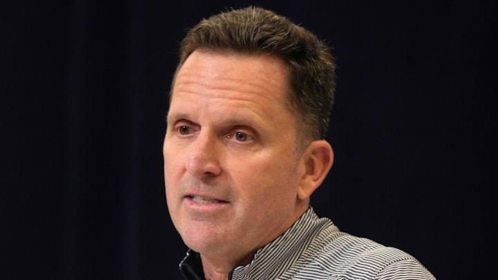 Feb 25, 2025; Indianapolis, IN, USA; Denver Broncos general manager George Paton speaks during the NFL Scouting Combine at the Indiana Convention Center. Mandatory Credit: Kirby Lee-Imagn Images