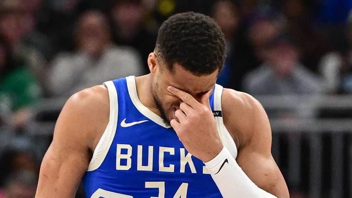 Milwaukee Bucks forward Giannis Antetokounmpo (34) reacts in the second quarter against the Oklahoma City Thunder at Fiserv Forum on March 16, 2025.