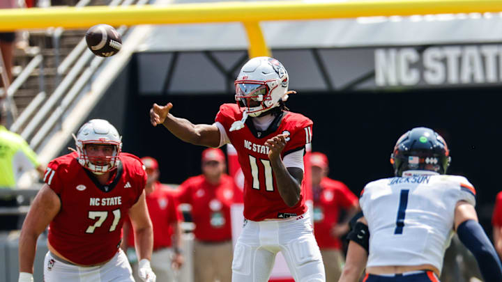 Sep 6, 2025; Raleigh, North Carolina, USA; North Carolina State Wolfpack quarterback CJ Bailey (11) throws the football during the first half of the game against Virginia Cavaliers at Carter-Finley Stadium. Mandatory Credit: Jaylynn Nash-Imagn Images Sep 6, 2025; Raleigh, North Carolina, USA; North Carolina State Wolfpack quarterback CJ Bailey (11) throws the football during the first half of the game against Virginia Cavaliers at Carter-Finley Stadium. Mandatory Credit: Jaylynn Nash-Imagn Images