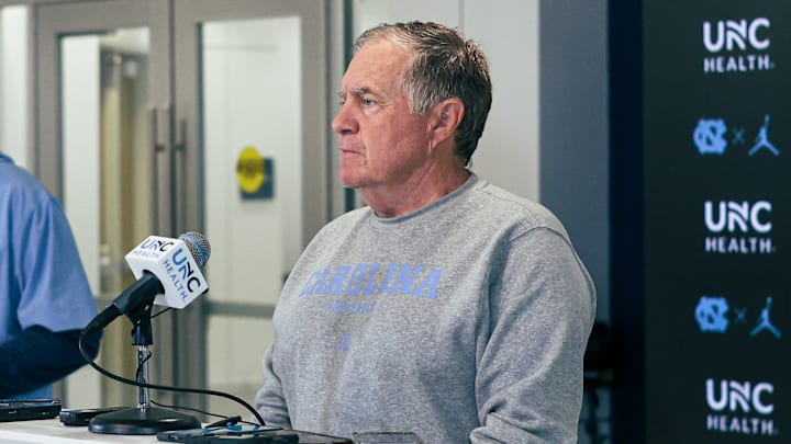 Bill Belichick speaking to the press before UNC's first practice of fall camp on Aug. 2, 2025