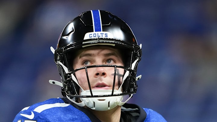 Riley Leonard of the Indianapolis Colts looks at the scoreboard