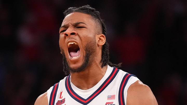 St. John's Red Storm forward Zuby Ejiofor (24) reacts against the Connecticut Huskies at Madison Square Garden on March 14, 2026. St. John's Red Storm forward Zuby Ejiofor (24) reacts against the Connecticut Huskies at Madison Square Garden on March 14, 2026.