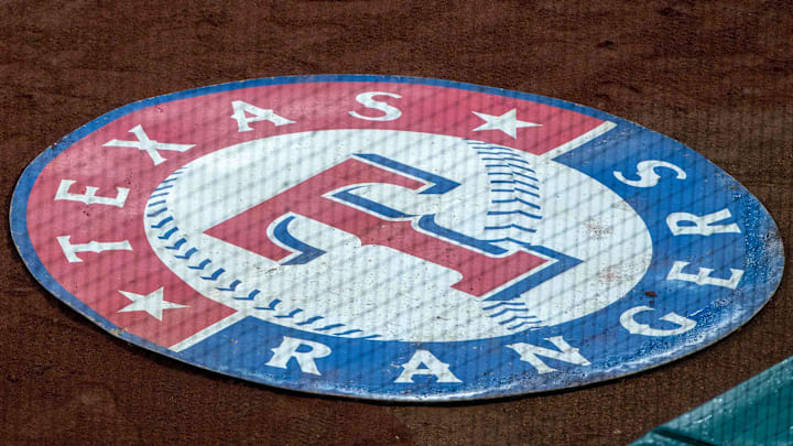 Sep 3, 2018; Arlington, TX, USA; A view of the Texas Rangers logo and batters circle during the game between the Texas Rangers and the Los Angeles Angels at Globe Life Park in Arlington. Mandatory Credit: Jerome Miron-Imagn Images