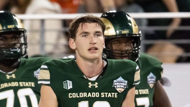 Dec 28, 2024; Tucson, AZ, USA; Colorado State Rams head coach Jay Norvell and quarterback Brayden Fowler-Nicolosi (16) against the Miami (OH) RedHawks during the Snoop Dogg Arizona Bowl at Arizona Stadium. 
