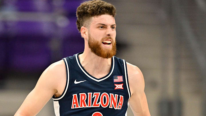 Jan 10, 2026; Fort Worth, Texas, USA; Arizona Wildcats guard Anthony Dell'orso (3) celebrates during the first half against the TCU Horned Frogs at the Ed and Rae Schollmaier Arena. Mandatory Credit: Jerome Miron-Imagn Images