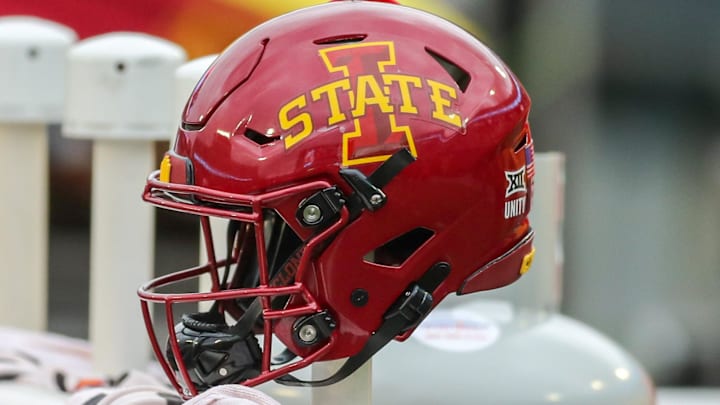 Oct 30, 2021; Morgantown, West Virginia, USA; An Iowa State Cyclones helmet on the bench during the third quarter against the West Virginia Mountaineers at Mountaineer Field at Milan Puskar Stadium.