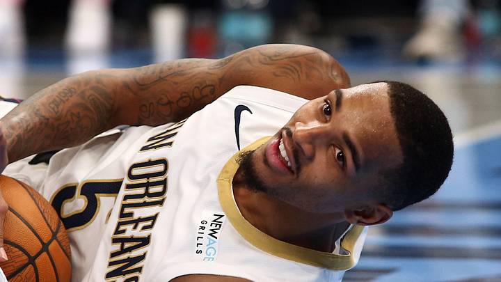 Nov 29, 2024; Memphis, Tennessee, USA; New Orleans Pelicans guard Dejounte Murray (5) reacts as he lays on the floor during the third quarter against the Memphis Grizzlies at FedExForum. Mandatory Credit: Petre Thomas-Imagn Images