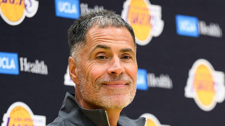 Sep 25, 2025; El Segundo, CA, USA; Los Angeles Lakers general manager Rob Pelinka, left, speaks during a press conference to preview the 2025-26 season at UCLA Health Training Center. Mandatory Credit: William Liang-Imagn Images