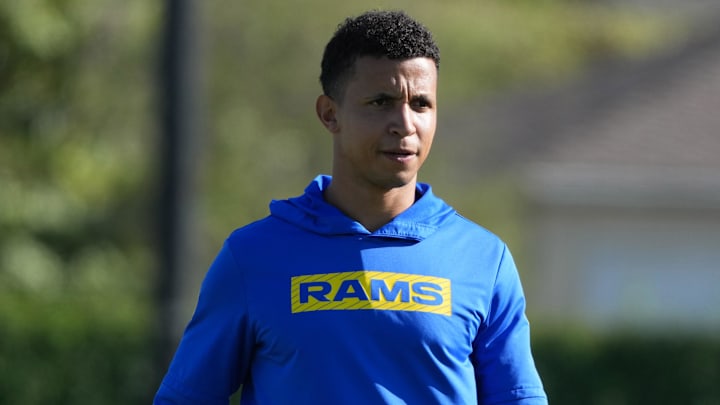 Jul 23, 2025; Los Angeles, CA, USA; Los Angeles Rams pass game coordinator coach Nate Scheelhaase during training camp at Loyola Marymount University. Mandatory Credit: Kirby Lee-Imagn Images