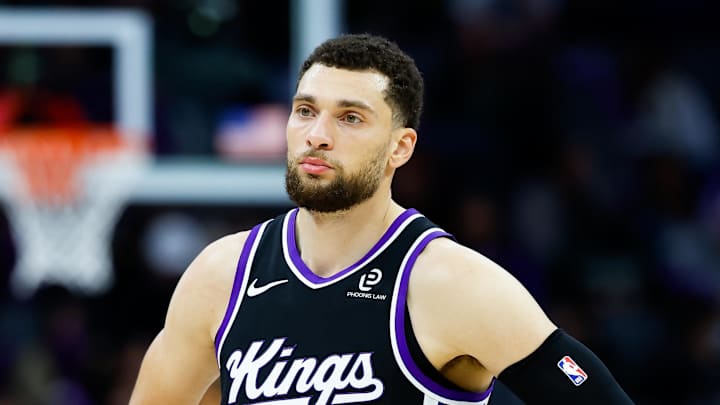 Jan 20, 2026; Sacramento, California, USA; Sacramento Kings guard Zach LaVine (8) looks on against the Miami Heat during the third quarter at Golden 1 Center.