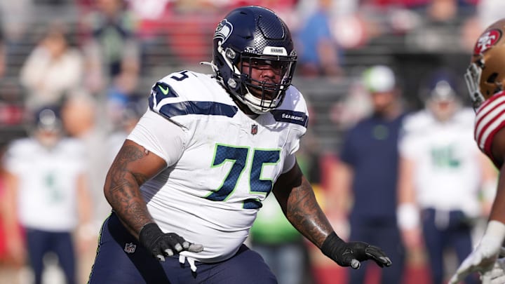 Dec 10, 2023; Santa Clara, California, USA; Seattle Seahawks guard Anthony Bradford (75) blocks against San Francisco 49ers linebacker Fred Warner (right) during the first quarter at Levi's Stadium.