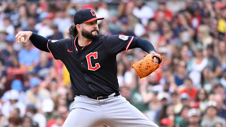 Sep 1, 2025; Boston, Massachusetts, USA; Cleveland Guardians relief pitcher Jakob Junis (16) pitches against the Boston Red Sox during the fifth inning at Fenway Park. Mandatory Credit: Eric Canha-Imagn Images