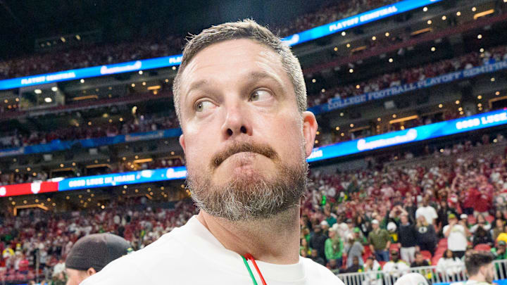 Oregon head coach Dan Lanning walks off the field after the Ducks’ loss as the Oregon Ducks face the Indiana Hoosiers in the Peach Bowl on Jan. 9, 2026, at Mercedes-Benz Stadium in Atlanta, Georgia.