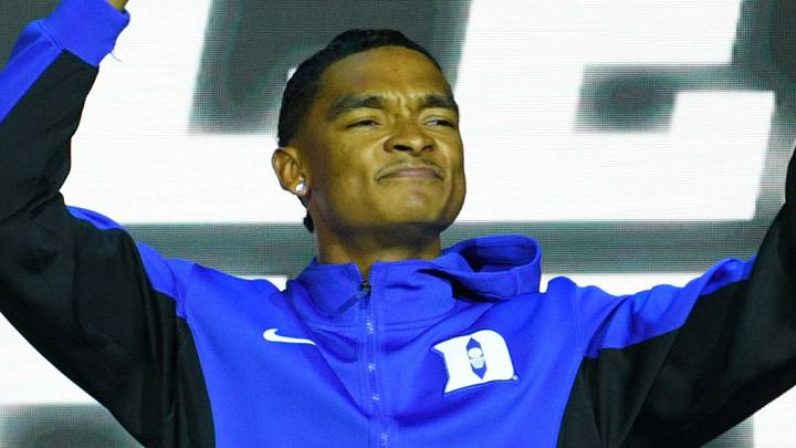 Oct 3, 2026; Durham, NC, USA;  Duke Blue Devils guard Caleb Foster (1) during the Countdown to Craziness at Cameron Indoor Stadium.  Mandatory Credit: Zachary Taft-Imagn Images