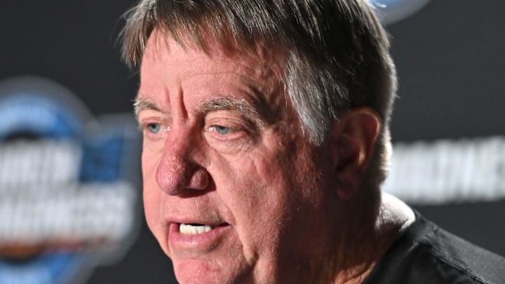 Mar 27, 2025; Spokane, WA, USA; NC State Wolfpack head coach Wes Moore talks with media during an NCAA Tournament practice session at Spokane Arena. Mandatory Credit: James Snook-Imagn Images