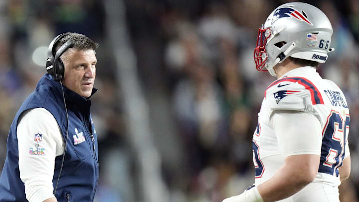 Feb 8, 2026; Santa Clara, CA, USA; New England Patriots head coach Mike Vrabel talks with offensive tackle Will Campbell (66) during the third quarter against the Seattle Seahawks in Super Bowl LX at Levi's Stadium.