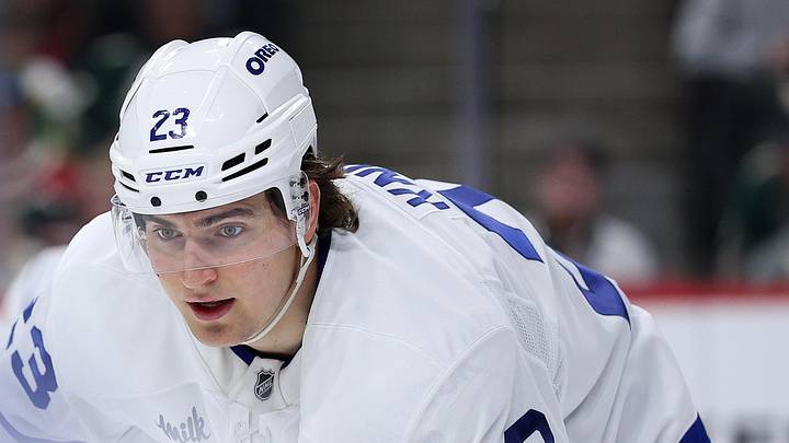 Mar 15, 2026; Saint Paul, Minnesota, USA; Toronto Maple Leafs left wing Matthew Knies (23) prepares for a face-off against the Minnesota Wild during the second period at Grand Casino Arena. Mandatory Credit: Matt Krohn-Imagn Images