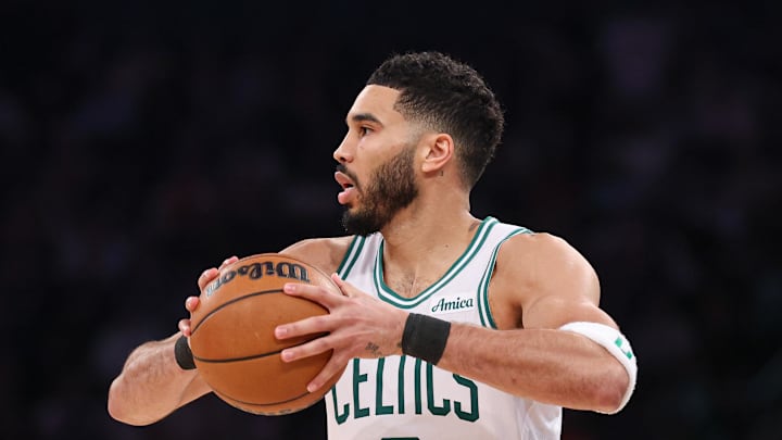 May 12, 2025; New York, New York, USA; Boston Celtics forward Jayson Tatum (0) looks to pass in the second half during game four of the second round for the 2025 NBA Playoffs against the New York Knicks at Madison Square Garden. Mandatory Credit: Vincent Carchietta-Imagn Images