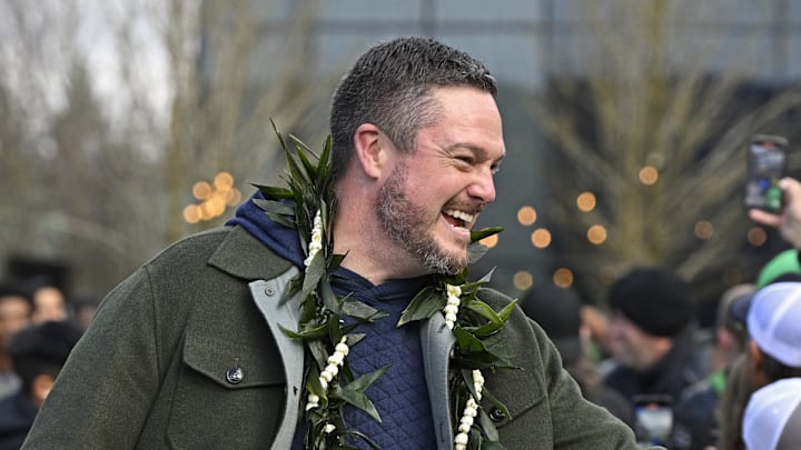 Nov 22, 2025; Eugene, Oregon, USA; Oregon Ducks head coach Dan Lanning greets fans before the game against the Southern California Trojans at Autzen Stadium. Mandatory Credit: Troy Wayrynen-Imagn Images