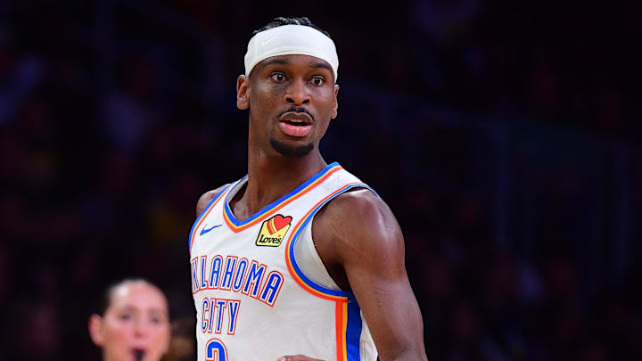 April 7, 2026; Los Angeles, California, USA; Oklahoma City Thunder guard Shai Gilgeous-Alexander (2) moves the ball against the Los Angeles Lakers during the second half at Crypto.com Arena. Mandatory Credit: Gary A. Vasquez-Imagn Images