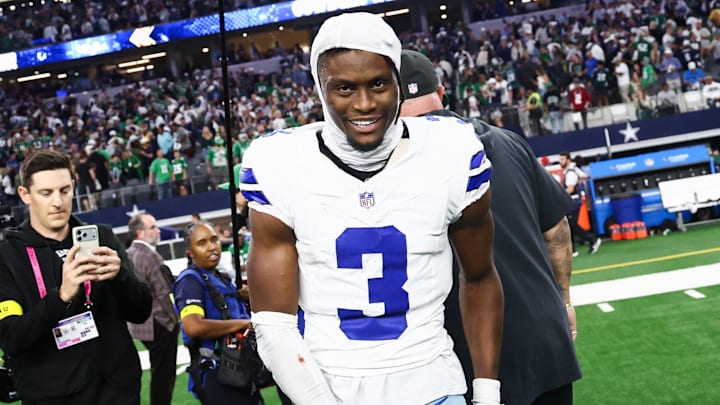 Dallas Cowboys wide receiver George Pickens smiles after the game against the Philadelphia Eagles.