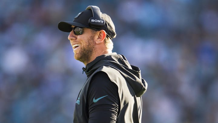 Nov 16, 2025; Jacksonville, Florida, USA; Jacksonville Jaguars head coach Liam Coen reacts to a play against the Los Angeles Chargers d31 at EverBank Stadium. Mandatory Credit: Morgan Tencza-Imagn Images