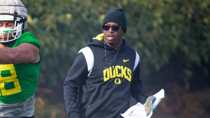 New co-defensive coordinator and safeties coach Chris Hampton, right, joins the first practice of spring for Oregon football as they prepare for the 2023 season.

Eug 031623 Uo Spring Fb 06