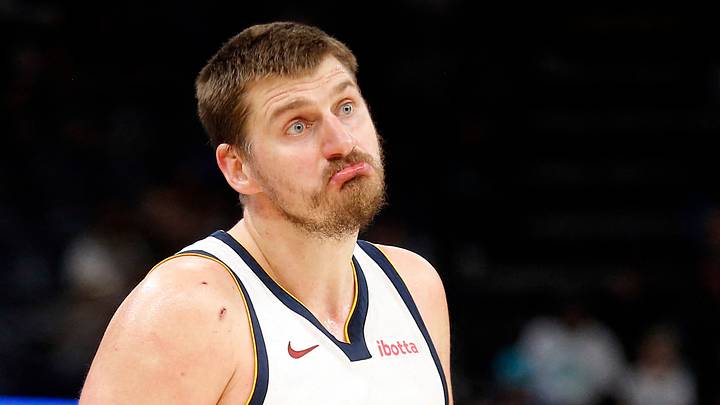 Mar 18, 2026; Memphis, Tennessee, USA; Denver Nuggets center Nikola Jokic (15) reacts during the second quarter against the Memphis Grizzlies at FedExForum. Mandatory Credit: Petre Thomas-Imagn Images
