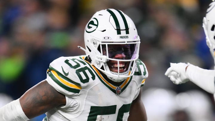 Green Bay Packers linebacker Edgerrin Cooper (56) celebrates after an interception at Seattle last season.