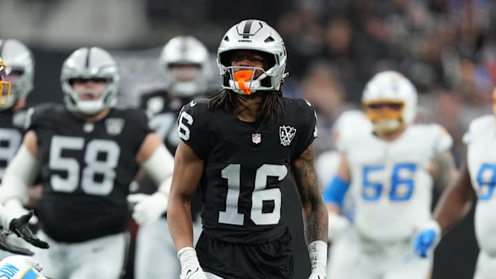 Jan 5, 2025; Paradise, Nevada, USA; Las Vegas Raiders wide receiver Jakobi Meyers (16) celebrates after a first down against the Los Angeles Chargers in the first half at Allegiant Stadium. Mandatory Credit: Kirby Lee-Imagn Images