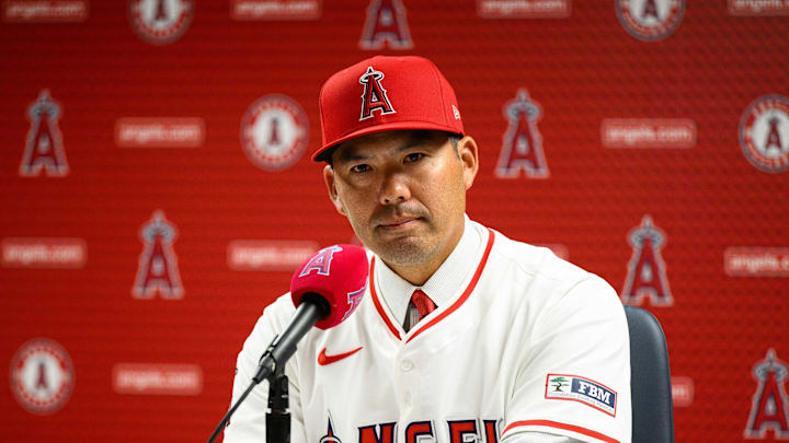 Oct 22, 2025; Los Angeles, CA, USA; Los Angeles Angels manager Kurt Suzuki speaks during a press conference at Angel Stadium. Mandatory Credit: William Liang-Imagn Images Oct 22, 2025; Los Angeles, CA, USA; Los Angeles Angels manager Kurt Suzuki speaks during a press conference at Angel Stadium. Mandatory Credit: William Liang-Imagn Images