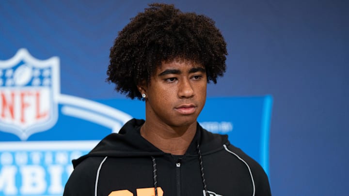 Feb 27, 2026; Indianapolis, IN, USA; Southern California wideout Ja'Kobi Lane (WO27) speaks to members of the media during the NFL Combine at the Indiana Convention Center. 