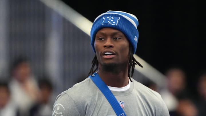 Feb 2, 2026; San Francisco, CA, USA; Dallas Cowboys receiver George Pickens during NFC practice at the NFL Flag Fieldhouse at Moscone Center South Building. Mandatory Credit: Kirby Lee-Imagn Images