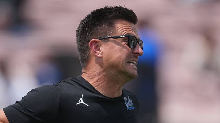 May 2, 2026; Pasadena, CA, USA; UCLA Bruins coach Bob Chesney reacts during the spring game at Rose Bowl. Mandatory Credit: Kirby Lee-Imagn Images